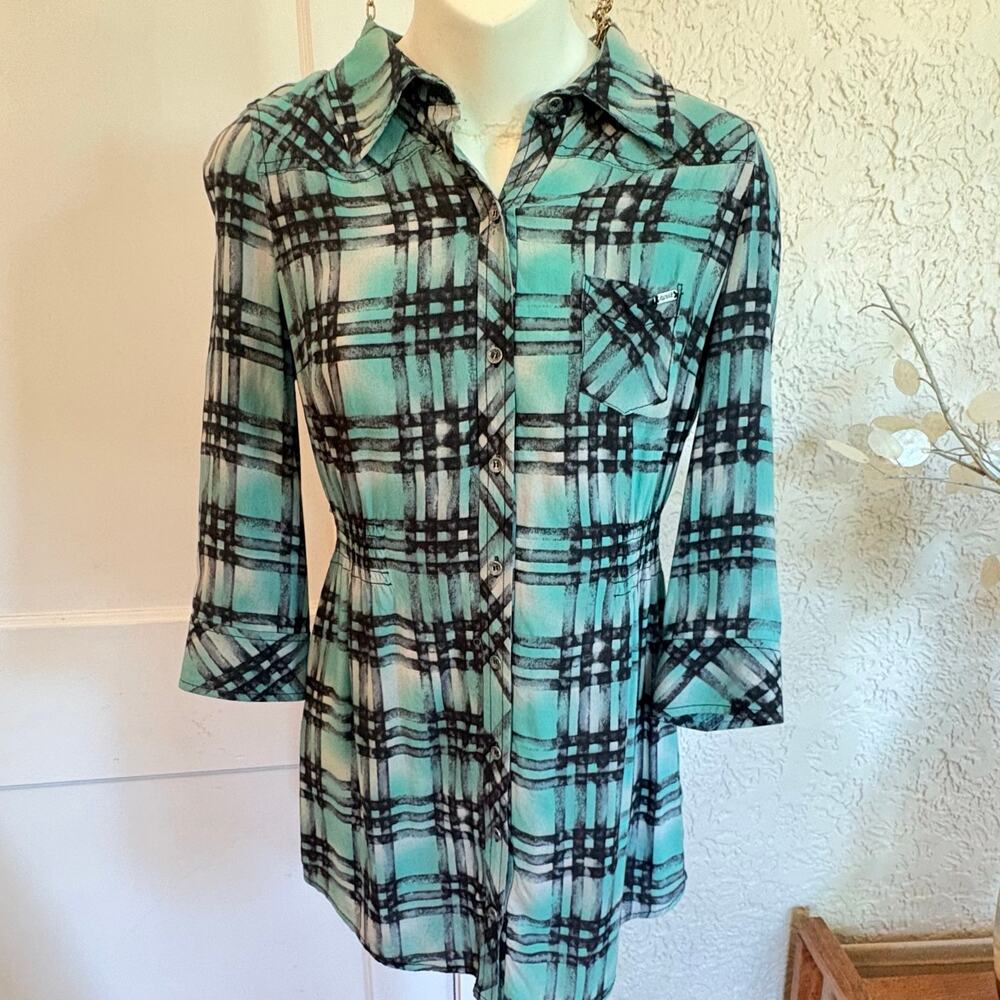 Guess Jeans Plaid Shirt 3/4 Sleeve Aqua Black Size Small Button Front